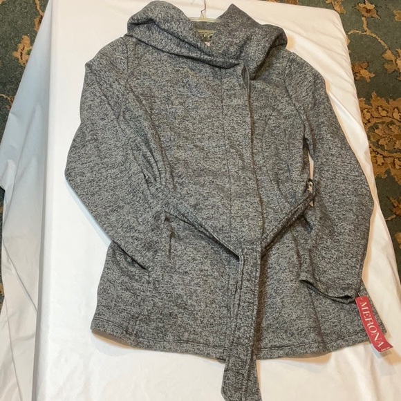 Merona Grey Hooded Button Down Coat With Tie Belt and Pockets Size Medium - Picture 5 of 6